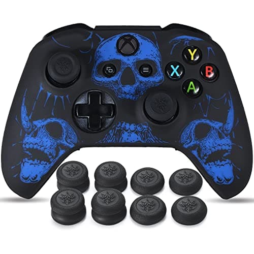 Image of YoRHa Laser Carving Silicone Skin for Xbox One S/X Controller x 1(Blue) with Pro Thumb Grips x 8