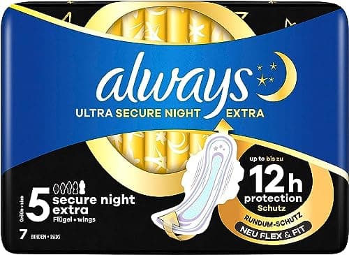 Image of Always Ultra Secure Night Extra Sanitary Pads with Wings (Size 5) 7 Pieces, Super Absorbent and Ultra Thin, Odour Neutralising