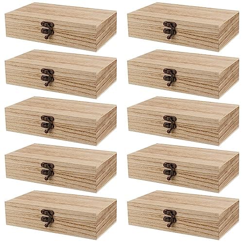 Image of FUNSUEI 10 PCS 7.9 x 3.9 x 2 Inch Wooden Box, Unfinished Wood Box, Wooden Boxes for Crafts, Wood Boxs with Hinged Lid for Jewelry, DIY Craft, Storage, Gift