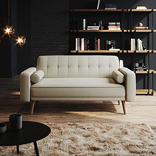 Image of ELEGANT 3 Seater Settee Bed with Detachable Armrests Guest Room Linen Sofa Bed with Fireproof Sponge 1860x860x790mm Click Clack Sofa Bed, Cream White
