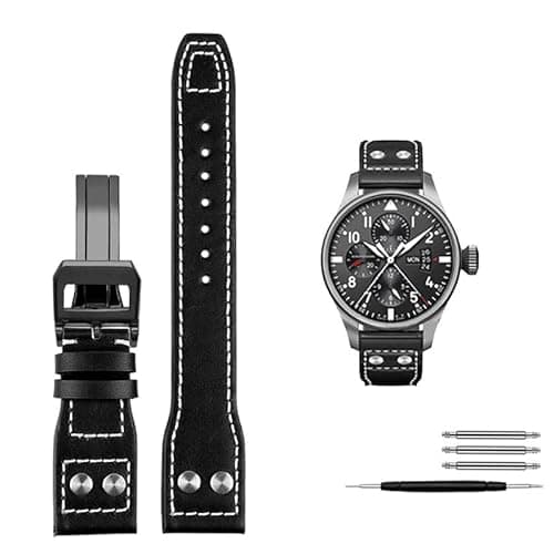 Image of FZXCG 21mm 22mm Calfskin Leather Watchband Replacement for IWC Watch Pilot PORTOFINO Mark18 Folding buckle strap Bracelets(Black black,21mm)