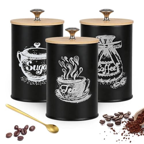 Image of PRITOK Kitchen Canister: 6 Pcs Stainless Steel Mirror Finish Food Storage Containers, Seamless Coffee Tea Sugar Canisters, Kitchen Canister Jars, for Home Organization (Gold Spoon, Black)