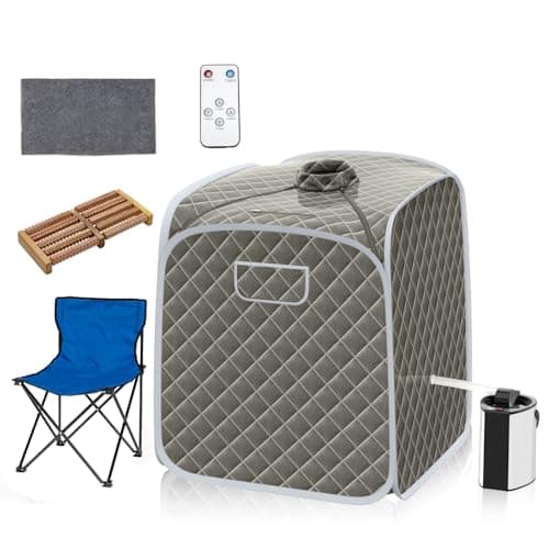 Image of RELAX4LIFE Portable Sauna Tent, 3L Sauna Pot Bath Box with 9-Gear Adjustable Temperature & Timer, Chair, Mat, Herbal Box & Massage Foot Roller, Steam Cabin Home Sauna Spa for Relaxing Body (Grey)