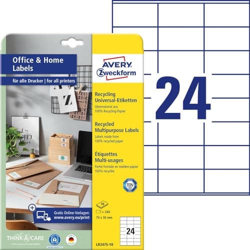 Image of AVERY Zweckform LR3475-10 Recycled Labels (240 Address Labels, 70 x 36 mm, A4, 10 Sheets, White, Matt, Permanent, 100% Recycled Paper, Printable, Self-Adhesive)