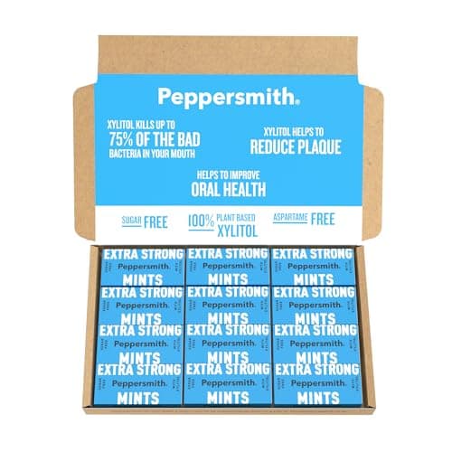 Image of Peppersmith - Extra Strong Mints - Sugar Free Mints - 100% Plant Based Xylitol - Natural Sweetener - Natural Eucalyptus - Freshens Breath - Benefits Oral Health - Pocket Packs - 12x15g