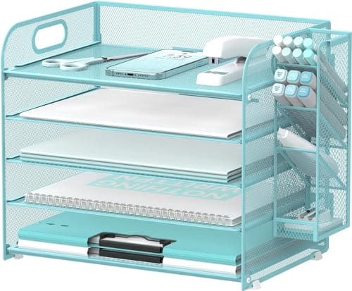Image of SUPTIDY 5 Tier Desk Organiser with Handle & Removable Pen Holders, Mesh Paper/File Organiser for Desk, Paper Letter Tray Organiser for Office Supplies, Blue