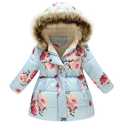 Image of amropi Girls Winter Coat Floral Hooded Jacket with Faux Fur Warm Parka Padded Overcoat 6-7 Years, Blue Flower