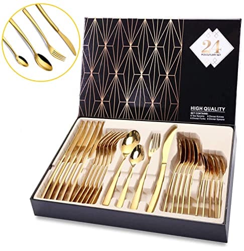 Image of Gold Cutlery Set, 24 Piece Stainless Steel Flatware Silverware Set Fine Mirror Gold Finish and Dishwasher Safe Golden Cutlery Set Including Knife Fork Spoon for 6 People (High End Gift Box)…