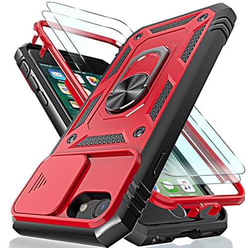 Image of for iPhone SE 2022 / SE 2020, iPhone 8 & iPhone 7 Case with Camera Cover Slider, 2*Screen Protectors,Build in 360°Rotating Ring Kickstand, Military Grade Protective Case for iphone 8-Black/Red