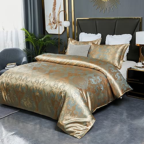 Image of HMtideby Jacquard Duvet Cover Set Double Microfiber Bedding Sets 3 pcs Gold Duvet Quilt Cover with 2 Matching Pillow Cases 200x200cm