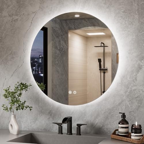 Image of TETOTE 70cm Round LED Bathroom Mirror with Lights, Illuminated Vanity Mirror for Wall, Backlit Anti-Fog Mirror with 3 Colors Dimmable, Memory Function, HD Tempered Glass IP44, Horizontal/Vertical