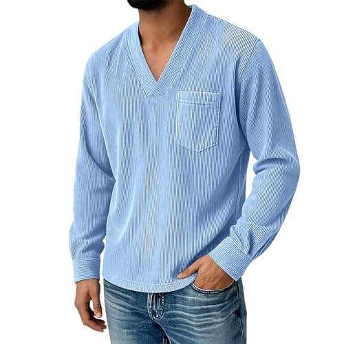 Image of Generisch Casual Shirt Long Sleeve Corduroy Shirt Plain Summer Shirt Casual Beach Cord Pullover Men's V-Neck Long Sleeve Shirt Plain Shirts with Chest Pocket Jumper Sports Shirt, blue, S