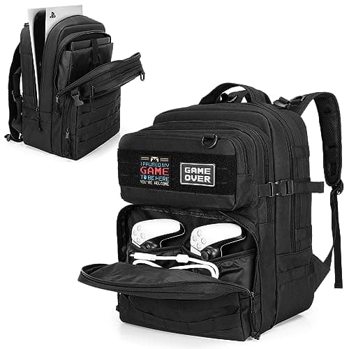Image of PGmoon Tactical Game Backpack Compatible with PS5/PS5 Slim/PS4 Console, Travel Carrying Case Storage Bag for 15.6 Inch Laptop
