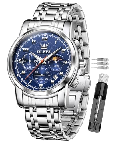 Image of OLEVS Mens Watches Luxury Analogue Chronograph Quartz Waterproof Dress Watch Stainless Steel Date Moon Phase Luminous Business Casual Wrist Watch for Men (（2983） Silver Steel Strip Blue dial)