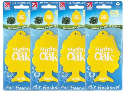 Image of Mighty Oak Vanilla Car Air Freshener - 4 Pack - Long Lasting Hanging Car Deodoriser - Odour Eliminator - UK Made Car Scent Freshener - Auto Accessories