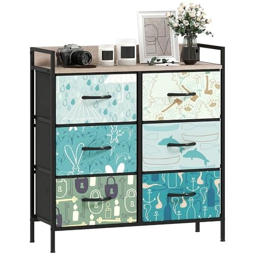 Image of HOMCOM Bedroom Chest of Drawers, Fabric Dresser with 6 Drawers, Open Shelf and Steel Frame for Living Room, Hallway, Blue