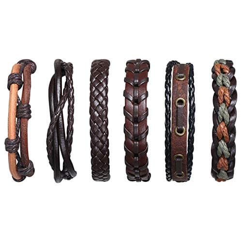 Image of flintronic Leather Bracelet, 6Pcs Adjustable Fashion Punk Braided Men & Women Rope Bracelet Cuff Vintage Bracelets Wrap Set Series