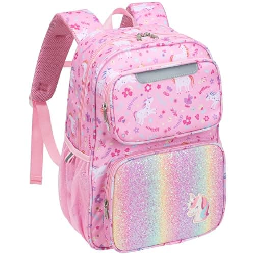 Image of Bagseri Kids Backpack for Girls 4-8 Years - 15L School Bag for Reception & Primary KS1 (Years 1-3), Childrens Rucksack Fits A4 Folder, Girls Backpack with Chest Strap, Pink Unicorn