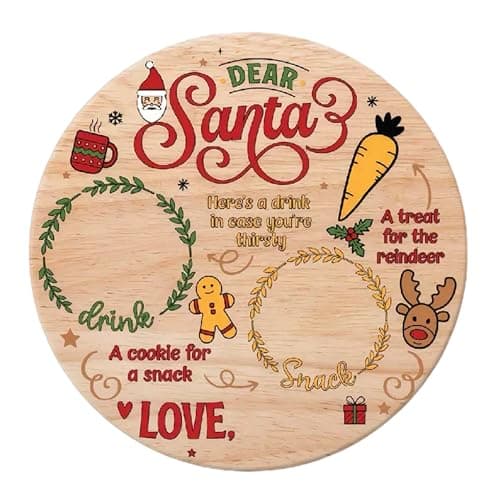 Image of eBoutik - Wooden Christmas Eve Treat Plate for Santa, Sectioned Platter Board with Spaces for Milk, Mince Pies and Carrots (Round Xmas Eve)