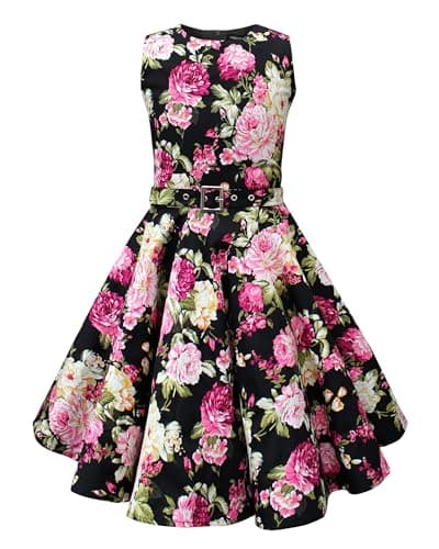 Image of BlackButterfly Kids 'Audrey' Vintage Divinity 50's Girls Dress (Black Pink Floral, 13-14 Years)