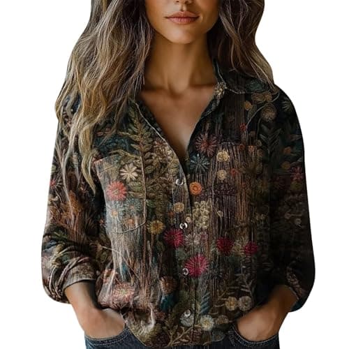 Image of Womens Dress Shirts Button Down 2025 Business Tops Women Cotton Shirt Printed Fashion Button Down Shirts Casual Tops Long Sleeve Blouse V Neck Distressed T Shirts Women (Brown, S)