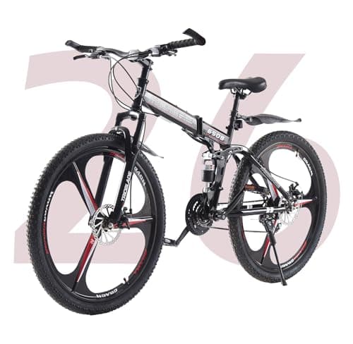 Image of TRIOBLADE 24/26/27.5'' Folding Mountain Bike 21Speed Foldable Mountain Bicycle with Dual Disc Brakes 3 Spoke Wheels Mountain Bikes Dual Suspension Design for Adult Men Women (Black&Red, 26inch)
