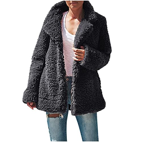 Image of Fleece Jacket Women Sherpa Plush Coat Winter Thick Thermal Outwear Teddy Bear Coats Loose Mid Length Overcoat Warm Soft Fur Outerwear Ladies Open Front Comfy Long Jackets Fluffy Fuzzy Overcoat