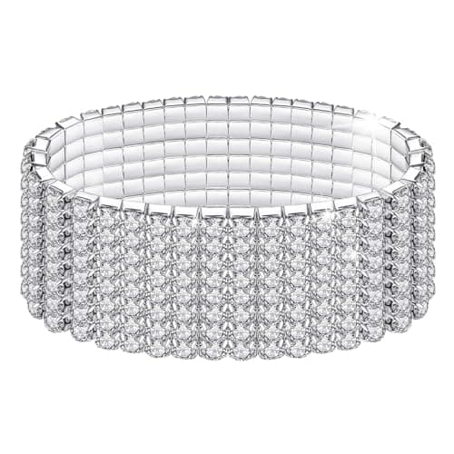 Image of Kucheed Rhinestone Stretch Bracelets, Twinkle Diamond Tennis Bangle, Silver Bling Crystal Bridal Stackable Bracelet Jewelry, Shining Wedding Party Elastic Band Bracelet for Women (Silver)