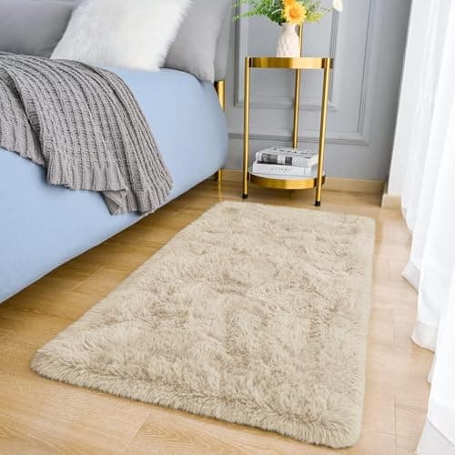 Image of MOONLIGHT20015 Rugs Living Room – Cream Area Rugs for Bedroom Non Slip – Fluffy Shaggy Rug Super Soft Small Thick Pile Non-Shedding Plush Carpet for Lounge, 60cm x 110cm