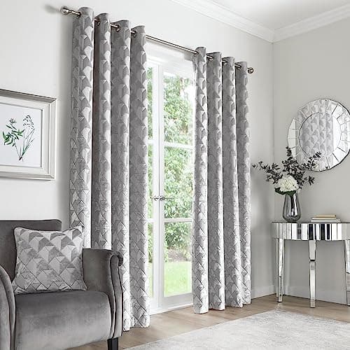 Image of Appletree - Silver Jacquard Curtains W46 x L72 (117 x 183cm) - White Silver Eyelet Curtains - Luxury Curtains for Bedroom/Living Room - Light Grey Door Curtain/Drapes - Worcester Collection