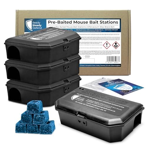 Image of Ready Steady Defend Pre-Baited Mouse Killer Boxes for Indoor Mouse Control, Ready to Use Poison Bait Stations for the Home, Pack of 4