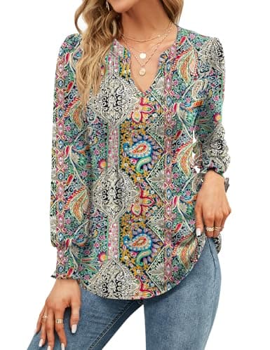 Image of EFFAN Ladies Tops V Neck Long Sleeve Elegant Floaty Floral Printed Holiday Shirt Casual Xmas Floaty Tunic Blouse, Boho XL (UK 18-20)
