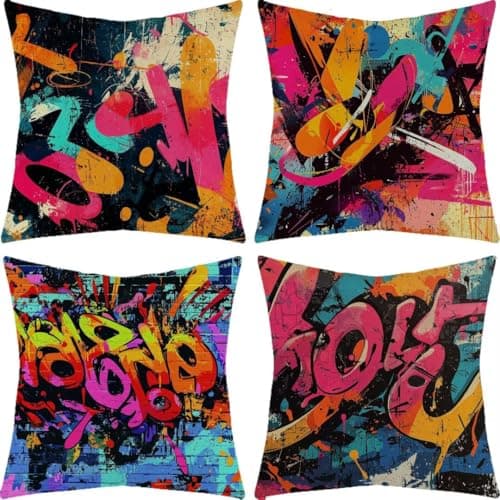 Image of Set of 4 Home Decorative Linen Cushion Covers - 45x45cm - Graffiti Decor Pillow Case, Multicolor Cushion Cover with Invisible Zipper Pillow Cases, for Outdoor Patio Garden Blench Living Room CX-2236