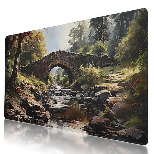 Image of Large Size Tranquil Bridge Over The River Print Gaming Mouse Pad 35.5 x 16 Inch, Stitched Edges, Anti-Slip Base, Waterproof Surface