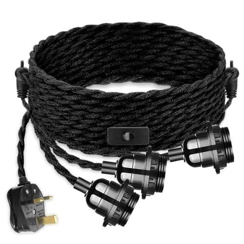Image of 3-Light Hemp Rope Plug in Pendant Light Cord, Triple Sockets Hanging Lighting Fixture with On/Off Switch-UK Plug, DIY 5.5m Twisted Suspended Ceiling Lamp Kit for Kitchen Island Living Room (Black)