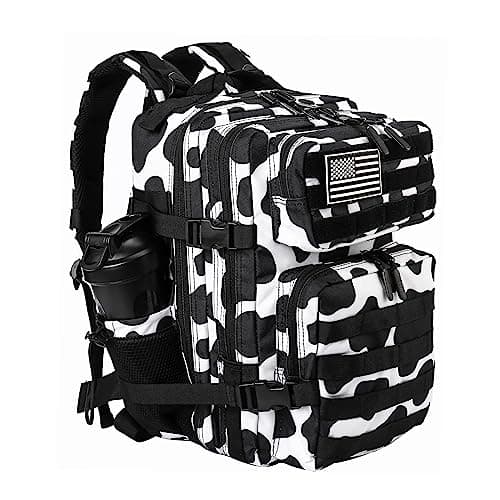 Image of LHI Tactical Military Backpack for Men and Women 25L Army Assault Pack Bag Small Rucksack with Bottle Holder - Black White Cow