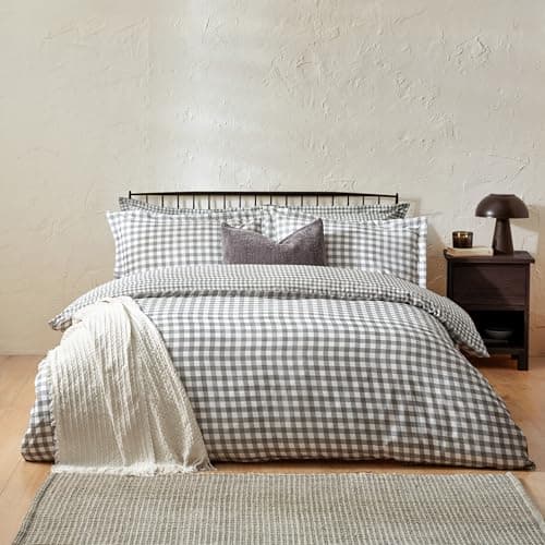Image of Yard Barton Gingham Check Duvet Cover Set – 100% Cotton Reversible Oxford Pillowcases Soft & Breathable Premium Bedding (Grey – Double)