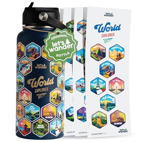 Image of LET'S WANDER World Explorer Adventure Water Bottle with 50 Waterproof Stickers - 32oz Leakproof Insulated Stainless Steel with Straw - Travel Goal Gift Bottle (Blue)