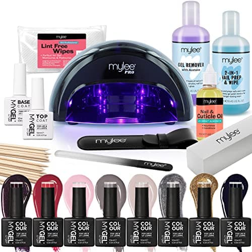 Image of Mylee The Full Works Gel Nail Polish LED Lamp Kit, 8x MYGEL Colours, Top & Base Coat, Mylee PRO Salon Series Convex Curing LED Lamp, Prep & Wipe, Gel Remover (Autumn/Winter - Black Lamp)
