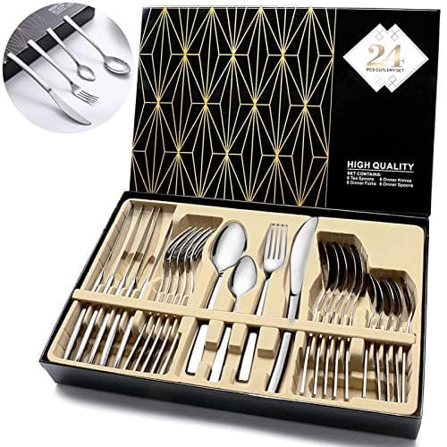 Image of Cutlery Set, 24 Piece Cutlery Set Stainless Steel Flatware Silverware Set Including Dinner Knife Fork Spoon and Teaspoon Mirror Polished & Dishwasher Safe Cutlery Utensil Set Service for 6 (Silver)
