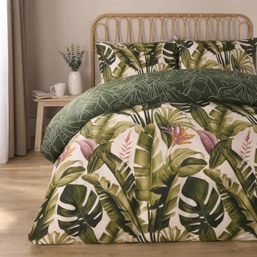 Image of OHS King Size Duvet Cover Set Tropical Foliage, Ultra Soft Cosy Warm Fabric Reversible Vibrant Tropical Foliage Design King Size Duvet Set & 2 Pillowcases, Green