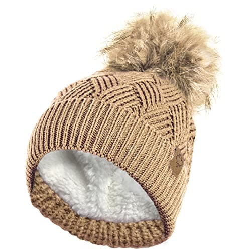 Image of Ladies Warm Chunky Diamond Cable Knit Hat with Thermal Teddy Fleece Lining and Detachable Faux Fur Pompom-Camel