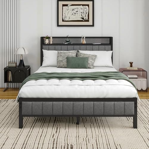 Image of Diahomy Double Bed Frame With Storage Headboard, Upholstered Platform Bed Frame/Mattress Foundation/Metal Slat Support/No Box Spring Needed/Dark Grey