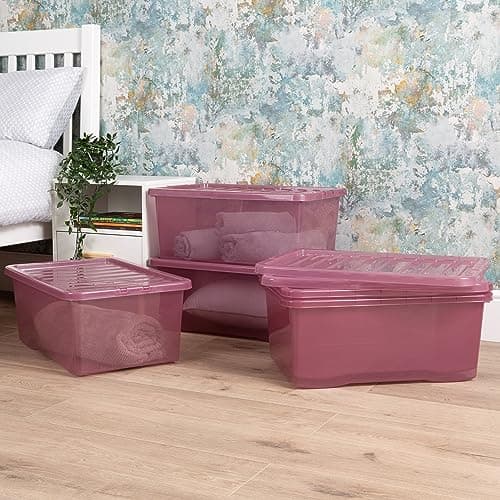 Image of Wham Crystal 5x 45L Plastic Storage Boxes with Lids Tint Dusky Orchid (Pink). Medium Size, Strong (Pack of 5, 45 Litre). Made in the UK