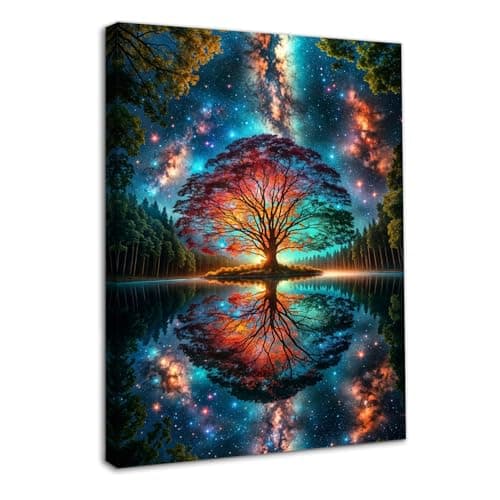 Image of Dazzlewall Framed Abstract Tree of Life Wall Art Picture, Colorful Fantasy Forest Painting Print for Bedroom Living Room Decor 12x16 in