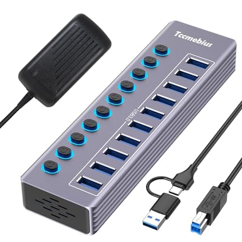 Image of Tccmebius Powered 10-Port USB 3.0 Hub, USB C to 10 Ports USB Data Hub Splitter with Individual LED On/Off Switche, 3.3FT Cable, 12V/3A Power Adapter, for Laptop MacBook Pro/Air PC (Aluminum Gary)
