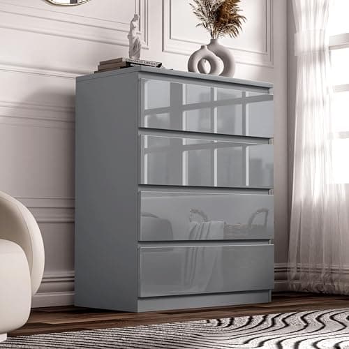 Image of Blisswood High Gloss Chest of Drawer, 4 Drawer Bedroom Chest of Drawer Bedside Table Cabinet for Bedroom Living room Furniture, Grey, 70W x 40D x 95.5H cm