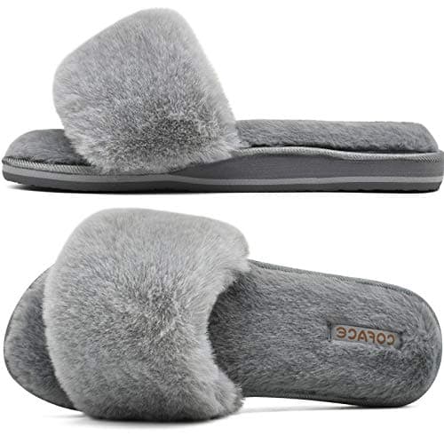 Image of COFACE Womens House Slippers Slip On Ladies Sliders with Arch Support Size 4 Winter Warm Open Toe Faux Fur Slides Indoor grey