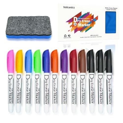 Image of Volcanics Whiteboard Pens – 12 Pack Fine Tip Dry Erase Markers Assorted Colours with Magnetic Whiteboard Eraser – for School, Office, Home, Classroom