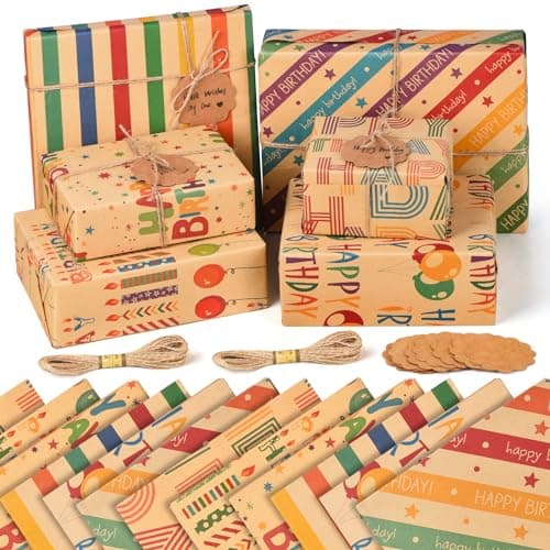 Image of 12 x Birthday Wrapping Paper Sheets - Recycled Kraft Birthday Gift Wrap Set with Tags Strings for Female Women Men Girls Boys Kids